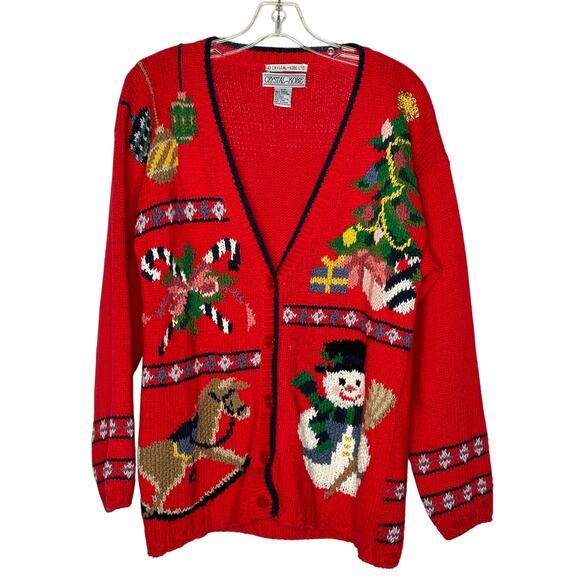 Crystal-Kobe Vintage Womans S Christmas Cardigan Sweater Snowman Holiday Red EUC - Picture 1 of 9